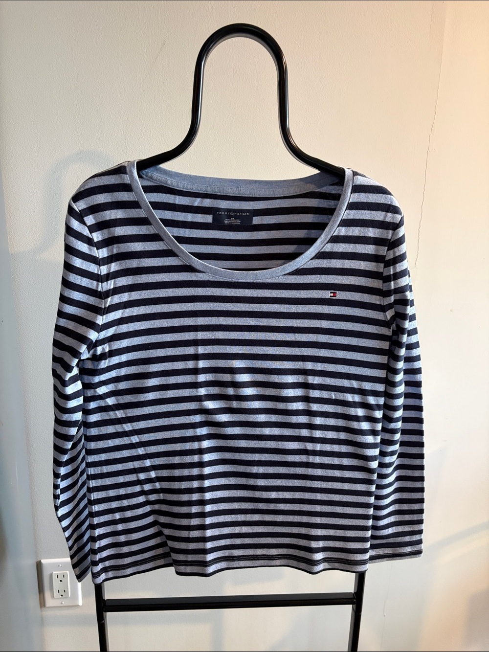 Tommy Hilfiger Navy and Light Blue Striped Long Sleeve Tee